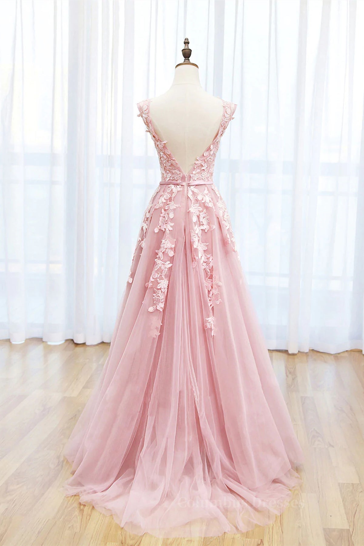 Prom Dress Open Back, Round Neck Pink Lace Prom Dresses, Pink Lace Long Formal Evening Dresses