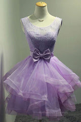 Formal Dresses Gown, Round Neck Purple Lace Short Prom Dresses, Lilac Lace Homecoming Dresses, Purple Formal Evening Dresses