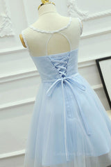 Bridesmaids Dress With Lace, Round Neck Short Blue Lace Prom Dresses, Short Blue Lace Homecoming Graduation Dresses