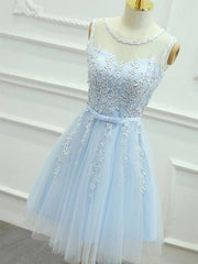 Party Dresses Shopping, Round Neck Short Blue Lace Prom Dresses, Short Light Blue Lace Formal Graduation Dresses