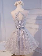 Homecoming Dress Classy Elegant, Round Neck Short Gray Lace Prom Dresses, Short Gray Lace Formal Homecoming Graduation Dresses