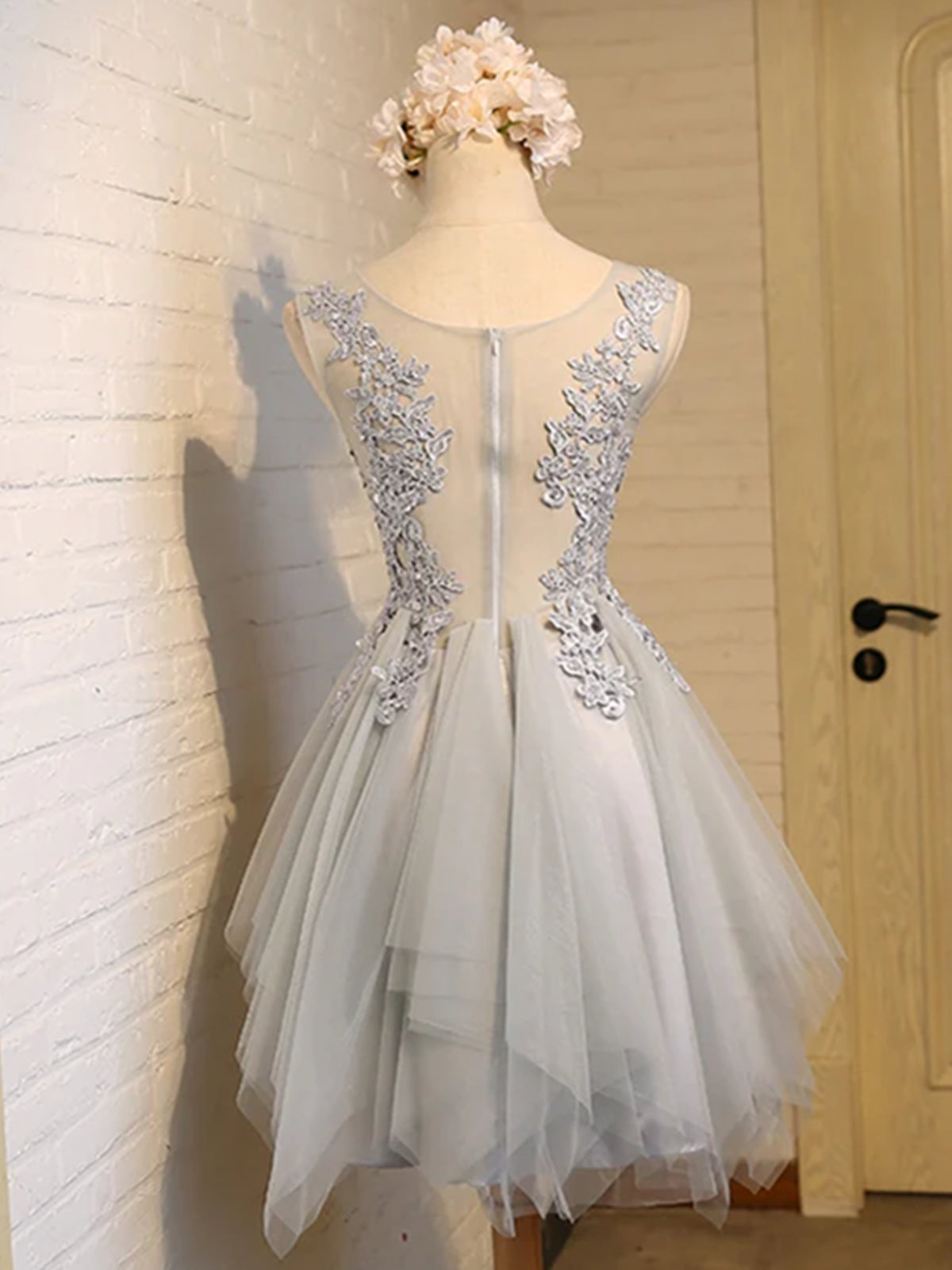 Fall Wedding Ideas, Round Neck Short Gray Lace Prom Dresses, Short Grey Lace Homecoming Dresses