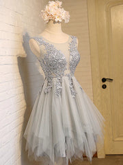 Pretty Prom Dress, Round Neck Short Gray Lace Prom Dresses, Short Grey Lace Homecoming Dresses