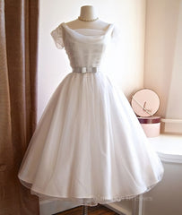 Wedding Dress Romantic, Round-Neck White Tulle Short Retro Prom Dresses, Retro Wedding Dresses