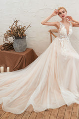 Wedsing Dresses Boho, Round Neckline Sleeveless A-line Lace Up Sweep Train Lace Appliques Wedding Dresses