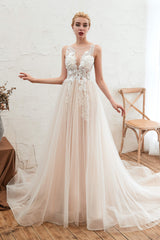 Weddings Dresses Beach, Round Neckline Sleeveless A-line Lace Up Sweep Train Lace Appliques Wedding Dresses