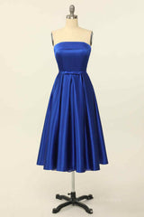 Bridesmaid Dresses Modest, Royal Blue A-line Fold Strapless Lace-Up Back Satin Mini Homecoming Dress