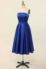 Country Wedding, Royal Blue A-line Fold Strapless Lace-Up Back Satin Mini Homecoming Dress