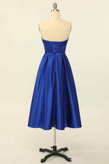 Flower Girl Dress, Royal Blue A-line Fold Strapless Lace-Up Back Satin Mini Homecoming Dress