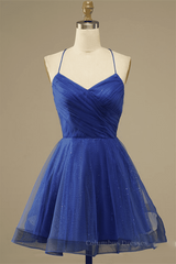 Party Dress Code Ideas, Royal Blue A-line Lace-Up Back Surplice Tulle Mini Homecoming Dress
