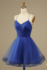 Party Dress Code Idea, Royal Blue A-line Lace-Up Back Surplice Tulle Mini Homecoming Dress