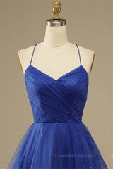 Party Dress Over 80, Royal Blue A-line Lace-Up Back Surplice Tulle Mini Homecoming Dress