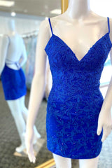 Evening Dresses On Sale, Royal Blue Applique Backless Mini Cocktail Dresses