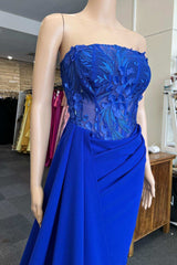 Bridesmaid Dresses Convertable, Royal Blue Appliques Strapless Long Formal Gown with Attached Train