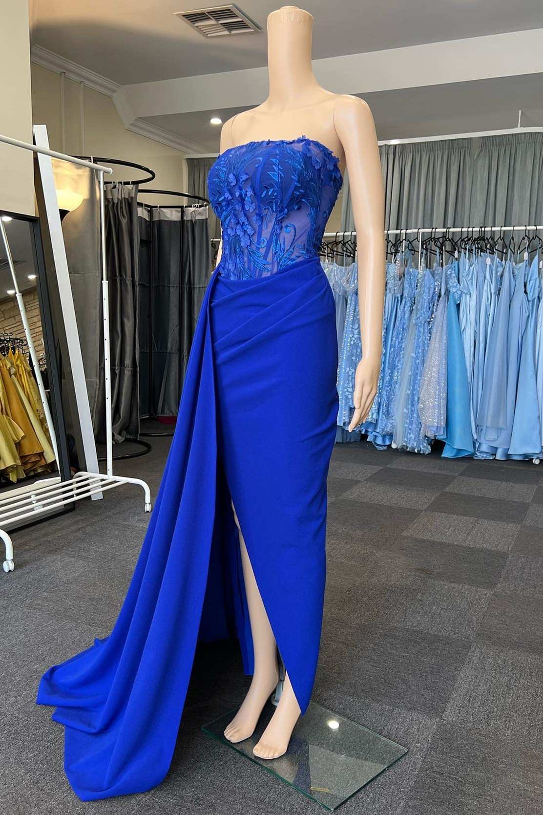 Bridesmaid Dresses Convertible, Royal Blue Appliques Strapless Long Formal Gown with Attached Train