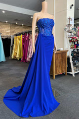 Bridesmaids Dresses Convertible, Royal Blue Appliques Strapless Long Formal Gown with Attached Train