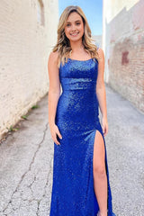 Royal Blue Backless Sparkly Long Prom Dress
