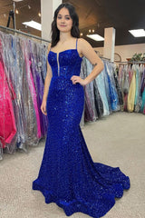 Royal Blue Beaded Sparkly Mermaid Corset Prom Dress