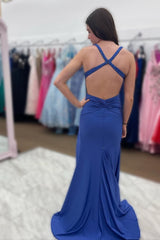 Royal Blue Deep V Neck Mermaid Prom Dress with Slit