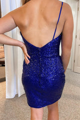 Royal Blue Glitter One Shoulder Tight Homecoming Dress