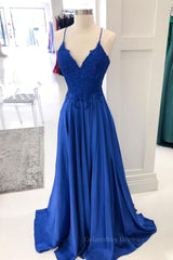 Homecoming Dress Elegant, Royal blue lace satin long prom dress blue formal dress