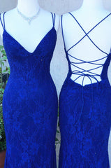 Prom Dress Green, Royal Blue Lace Sheath Prom Dresses Long Open Back