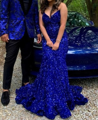 Party Outfit, Royal Blue Long Sequin Prom Dress