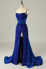 Bridesmaid Dress For Beach Wedding, Royal Blue Mermaid Strapless Sequins Slit Long Prom Dress