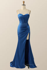 Prom Dresses Patterned, Royal Blue Mermaid Straps Long Dress with Slit