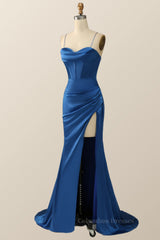 Prom Dress Patterns, Royal Blue Mermaid Straps Long Dress with Slit