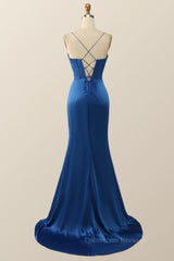 Prom Dresses With Slits, Royal Blue Mermaid Straps Long Dress with Slit