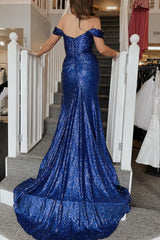 Royal Blue Off Shoulder Mermaid Prom Dress with Slit
