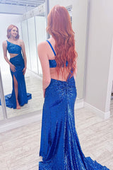 Royal Blue One Shoulder Sequins Prom Dress with Slit