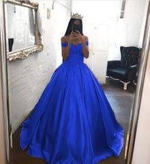 Strapless Dress, Royal Blue Prom Dresses Satin,Off the Shoulder Appliqued Quinceanera Dresses Sweep Train