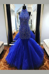 Prom Dress Patterns, Royal Blue Rhinestones Prom Dress Mermaid Tulle Skirt,Celebrity Dress