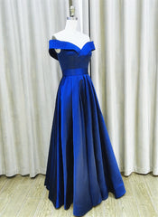 Flower Dress, Royal Blue Satin A-line Simple Off Shoulder Prom Dress, Blue Bridesmaid Dress