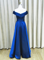 Nice Dress, Royal Blue Satin A-line Simple Off Shoulder Prom Dress, Blue Bridesmaid Dress