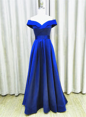 Prom Gown, Royal Blue Satin A-line Simple Off Shoulder Prom Dress, Blue Bridesmaid Dress