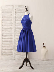 Party Dresses Styles, Royal Blue Satin Beads Short Prom Dress Blue Homecoming Dress