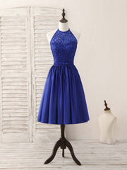 Party Dresses Style, Royal Blue Satin Beads Short Prom Dress Blue Homecoming Dress