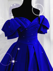Party Dress Shopping, Royal Blue Satin Long Sweetheart Party Dress, Blue Satin Prom Dress