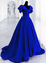 Party Dresses Outfits, Royal Blue Satin Long Sweetheart Party Dress, Blue Satin Prom Dress