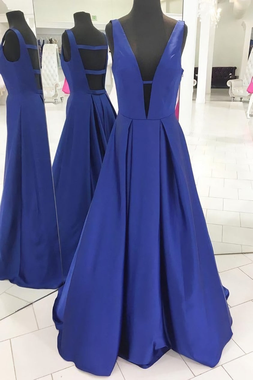 Prom Dress Sleeve, Royal Blue Satin Prom Gowns with Deep V-neckline,Formal Dresses