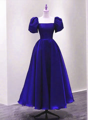 Wedding Dress Tulle, Royal Blue Satin Short Sleeves Wedding Party Dress, Royal Blue Party Dress Prom Dress