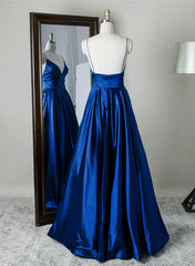 Pretty Dress, Royal Blue Satin Straps V-neckline Long Formal Dress, Royal Blue Prom Dress Evening Dress