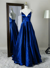 Prom Theme, Royal Blue Satin Straps V-neckline Long Formal Dress, Royal Blue Prom Dress Evening Dress