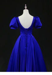 Wedding Dress Summer, Royal Blue Satin Tea Length Wedding Party Dress, Blue Prom Homecoming Dress