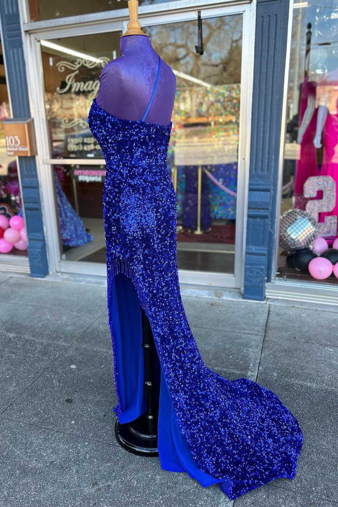 Bridesmaid Dress Beach Wedding, Royal Blue Sequin One-Shoulder Backless Long Prom Dresses with Slit,Evening Party Dress