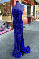 Bridesmaids Dresses Beach Wedding, Royal Blue Sequin One-Shoulder Backless Long Prom Dresses with Slit,Evening Party Dress