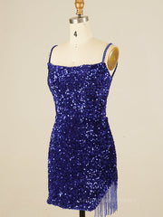 Black Bridesmaid Dress, Royal Blue Sequin Tassels Bodycon Mini Dress